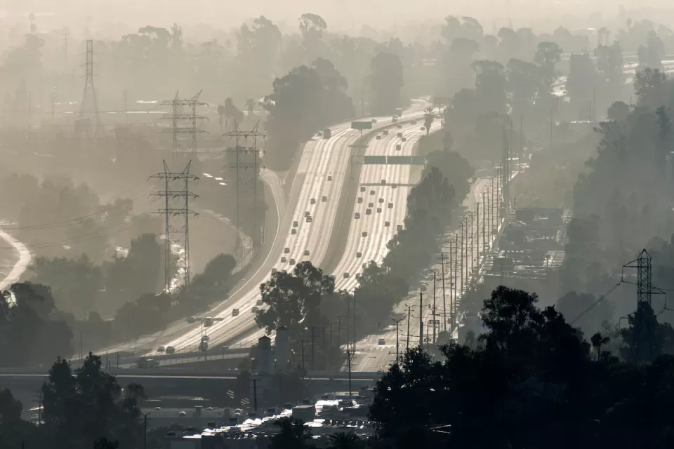 Hazy view of Interstate 5 freeway in Los Angeles, California.